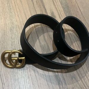 GG Black Leather Belt with Gold Buckle
